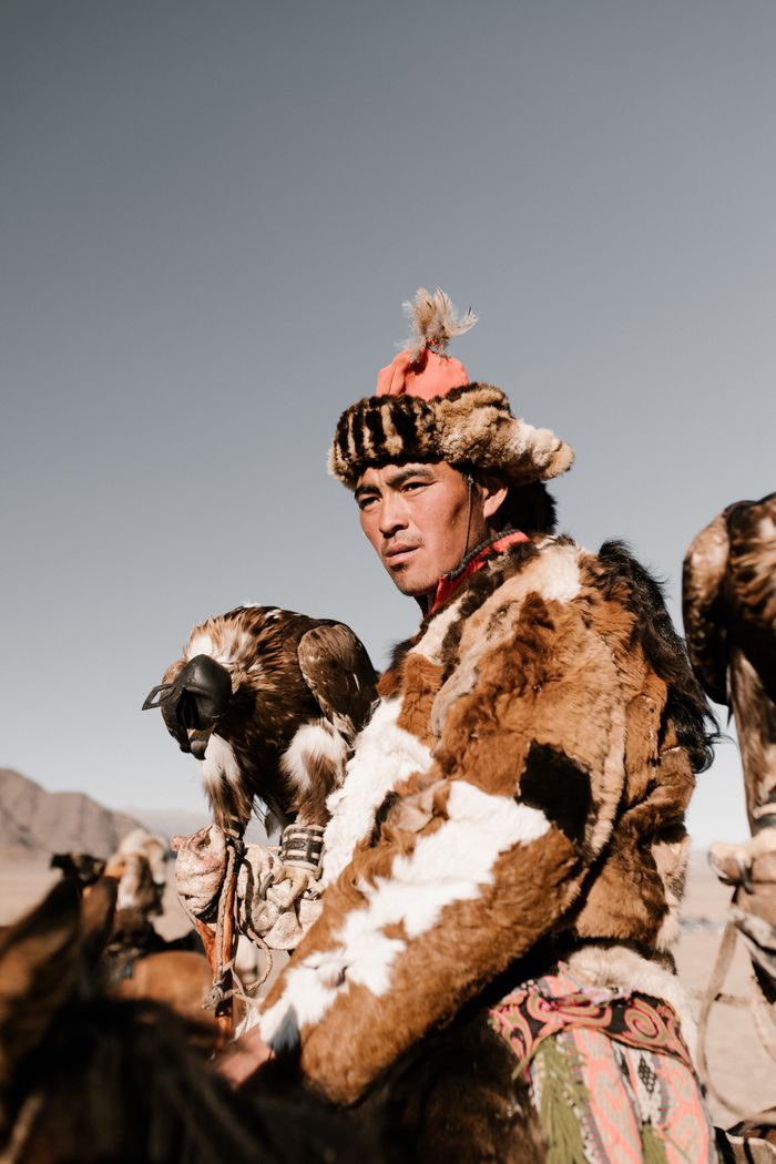Portrait of a Mongolian eagle hunter in traditional attire with a trained eagle.